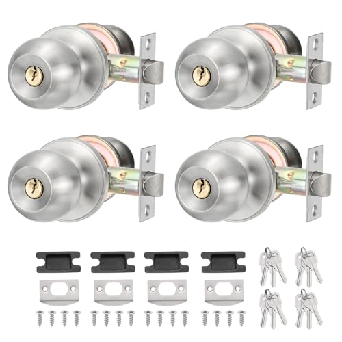 PATIKIL Round Key Entry Door Knobs Interior, 4 Pack Round Stainless Steel Bedroom Bathroom Door Knob with Lock Entry Indoor Outdoor Door, Silver