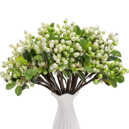 SHACOS Artificial White Berry Stems 20 PCS Pack Fake Berries Branches Spray with Green Leaves 9.8 inch Small Berry Picks for Christmas Decorations Crafts Filler Holiday Home Decor White