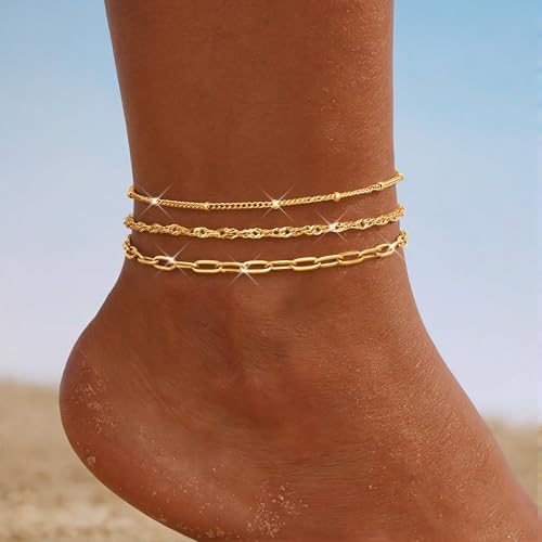 Image of LOYALLOOK Ankle Bracelets for Women Waterproof, 14K Gold Plated Cuban Figaro Link Chain Anklets Non Tarnish, Dainty Layered Anklet Bracelets Adjustable Summer Beach Foot Jewelry