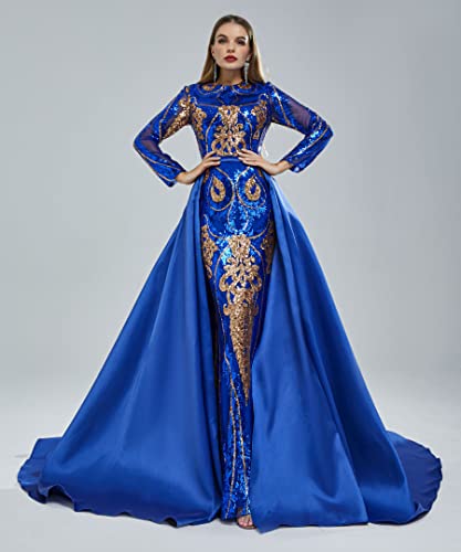 Datangep Women's Royal Blue Long Sleeve Detachable Train Sequins Mermaid Evening Prom Dresses Us12 #TOP2