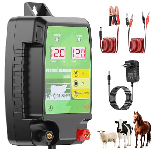 12KM Clôture Électrique pour Bétail Animaux, 12kV 3.0J Tension de Sortie Électrificateur Clôture Électrique avec Affichage LED, Protection pour Chevaux Moutons...
