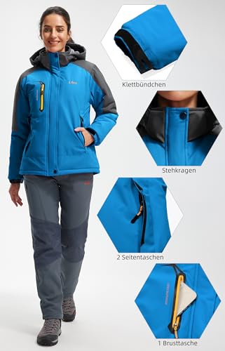 Libin Winterjacke Damen Warm Skijacke Outdoor Sportjacke Wanderjacke Damen Wasserdicht Atmungsaktiv Fleece Dicke Gefüttert Übergangsjacke Reitjacke mit Abnehmbarer Kapuze Blau, M