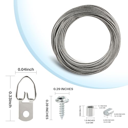 Image of 60pcs Picture Wire Hanging Kit - Maqihan Mirror Hanging Kit Picture Hanging Wire 100 Feet and Picture Frame Hangers D Rings with Screw and Aluminum Sleeves for Photos and Other Wall Hanging