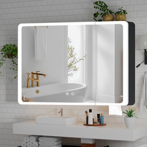 Buildonely Spiegelschrank Bad mit Beleuchtung 80 x 70cm, Badezimmer Spiegelschrank mit Antibeschlag-Funktion für Badezimmer, Touchscreen-Steuerung, Aluminiumlegierung, Montagefrei, Schwarz