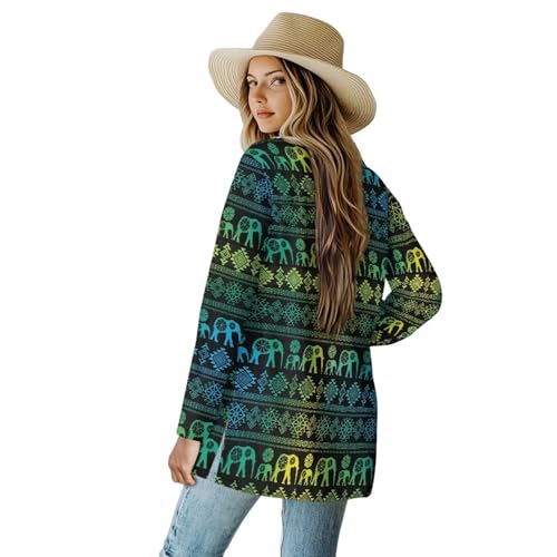 Image of Women's Aztec Open-Front Jacket Lightweight Casual Outerwear Native Western Aztec Pattern & Plaid Houndstooth Print