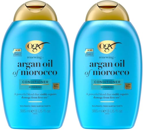 OGX Renewing + Argan Oil of Morocco Conditioner (385 ml), acondicionador reparador con aceite de argán de Marruecos, acondicionador con tensioactivos sin sulfatos (Paquete de 2)