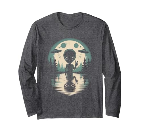 Alien Moon Space UFO Extraterrestrial Vintage Long Sleeve T-Shirt, Adult Unisex, Dark Heather Grey, X-Large