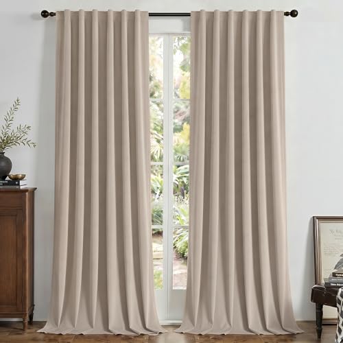 Image of Joydeco Beige 100% Blackout Curtains 102 Inch 2 Panels, Luxury Thermal Beige Velvet Curtains for Bedroom Living Room, Soundproof Blackout Window Drapes, Rod Pocket & Back Tab (52W x 102L)