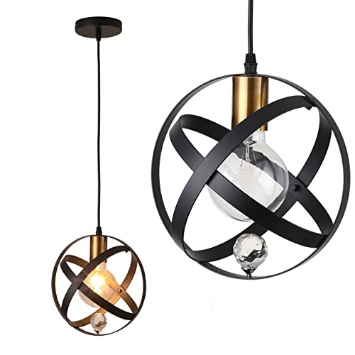 Vintage Industrielle Globus Pendelleuchte Schwarz mit Kristall Retro Hängeleuchte Metall Kugel Lampenschirm E27 Deckenlampe Für Küche Esszimmer Flur Restaurant Bar Ø22CM,3 Ring Cover