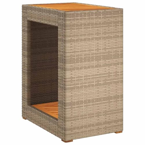 vidaXL Table d'Appoint de Jardin Dessus en Bois, Table Basse, Meuble de Terrasse Patio Arrière-Cour Extérieur, Beige Résine Tressée