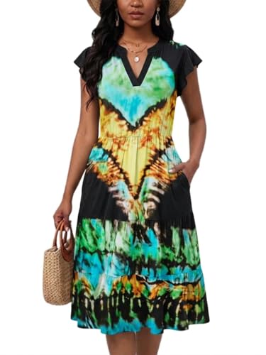 Image of Womens Summer Dress Ruffle Sleeve V Neck Midi Dresses Casual Fit Flowy Tiered Boho Beach Vacation Sundress
