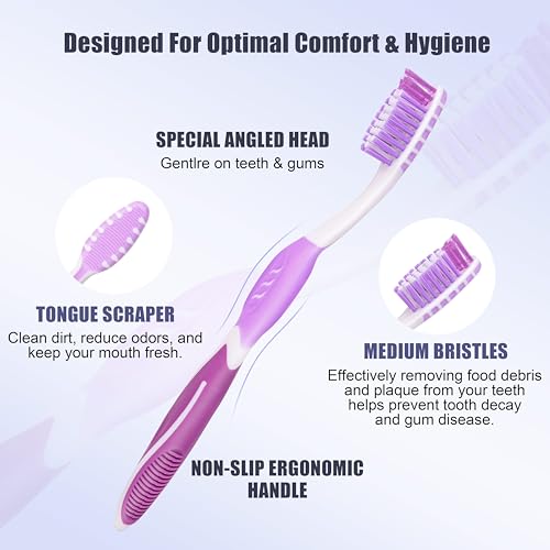 Image of DR.BRIGHT Toothbrush Medium Adults, Medium Toothbrushes for Adults with Tongue Scraper, Travel Toothbrushes with Ergonomic Handle, Assorted Colors, 8 Pack
