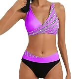 YUECIBAI Bikinis Bañador Conjunto De Bikini Sexy Traje De Baño De Bikini para Mujer con Estilo Sujetador con Estampado De Rayas De Color En Contraste Alto para Deportes S Púrpura