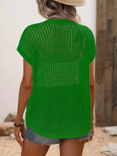 Image of Crochet Tops for Women Spring Summer Shirts Cute Mesh Top Cap Sleeve Cover Up Pullover Sweater Beach Vacation Clothes