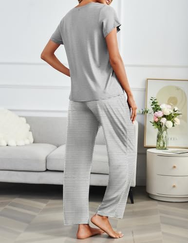 Image of Ekouaer 2 Pack Pajamas for Women Set Short Sleeve Pj Top and Printed Pants | Soft PJs Cozy Printed Lounge Sets Comfy Sleepwear with Pockets