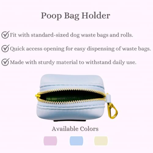 Image of Dog Poop Bag Holder with Leash attachment, Waste litter bag container, Lead accessories, Metal hook hands free holder, Zipper pouch stylish gold hardware (Blue)