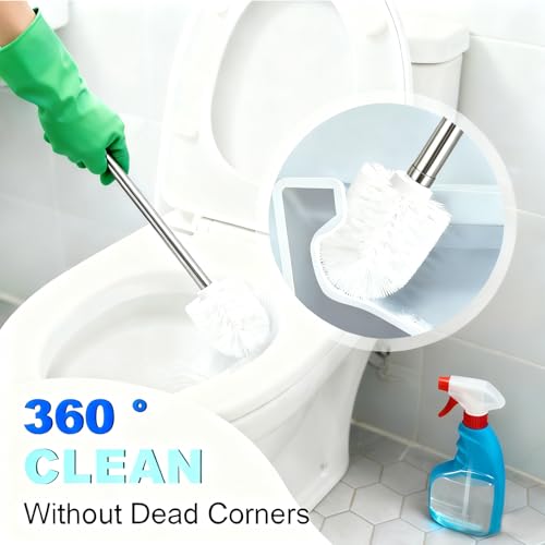 Image of Toilet Brush and Holder Set, NEWRAIN 304 Stainless Steel Wall Mounted Toilet Brush with Long Brush Handle, Brushed Nickel Toilet Scrubber, Glass Canister