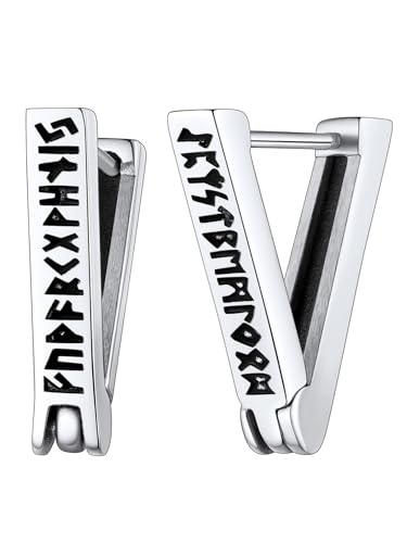FaithHeart Triangle Viking Runes Hoop Earrings for Men, Vintage Norse Mythology Jewelry, Polished Tarnish Resistant Stainless Steel Earring for BF Dad Brother