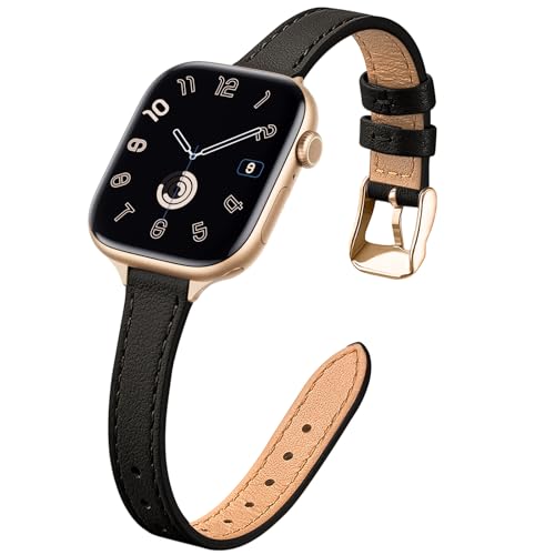 Image of STIROLL Slim Leather Bands Compatible with Apple Watch Band 49mm 46mm 45mm 44mm 42mm(Series 3 2 1), Top Grain Leather Watch Thin Wristband for iWatch Ultra SE Series 11 10 9 8 7 6 5 4(Black Gold)