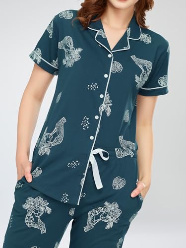 Image of ZEYO Night Suit for Women's Floral & Cheetah Printed Cotton Night Dress of Shirt and Pajama Set 5755