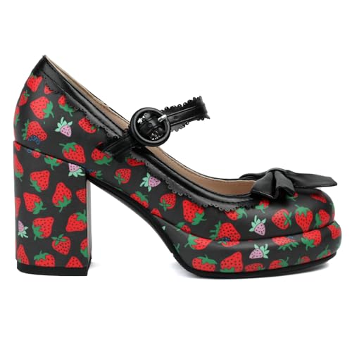 Parisuit Womens Strawberry Platform Mary Jane Bow Shoes Chunky High Heels Ankle Strap Pumps Rockabilly Dress Shoes2