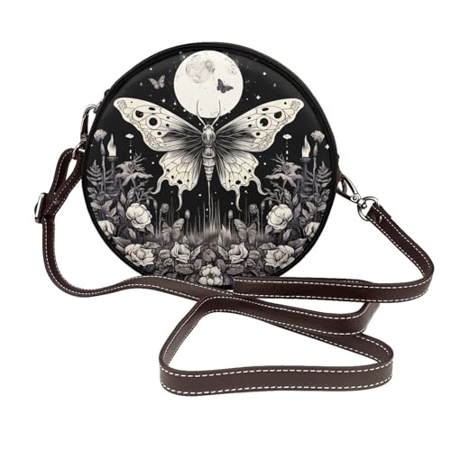 Sac à bandoulière rond gothique en cuir végétalien avec gravure crâne détaillée