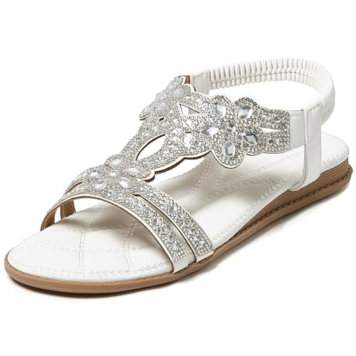 Image of iCKER Womens Rhinestone Strappy Flat Sandals Elastic Ankle Strap Open‑Toe