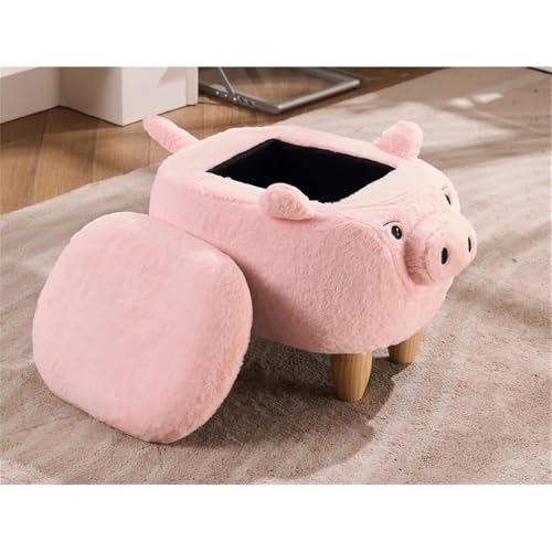 Image of Pemberly Row Kids Pig Fabric Storage Ottoman /Stool, Pink and Natural Finish, 14 in x 14 in x 22 in, Soft Furry Upholstery, Solid Wood Legs, Hidden Storage, No Tools Assembly, Nursery, Playroom or