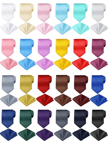 Image of Zhanmai 48 Pcs Men Solid Color Ties and Pocket Square Set Satin Necktie Business Handkerchief for Wedding Party