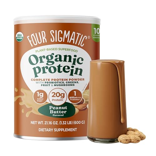 Four Sigmatic Organic Plant-Based Protein Powder | Clean Vegan Protein Elevated with Lion’s Mane, Chaga, Cordyceps and More for Brain Function and Immune Support | Peanut Butter, 21.16 oz