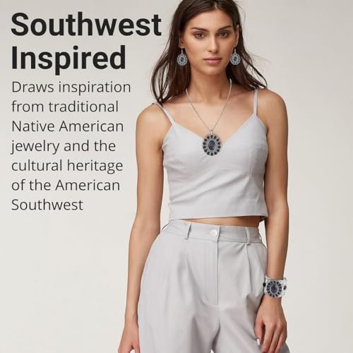 Howlite Jewelry Sets for Women - Turquoise Inspired Western Cowgirl Accessories - Beautiful Statement Necklace Earrings & Cuff Bracelet Set Southwestern Chunky Necklaces Costume Jewelry - Black2