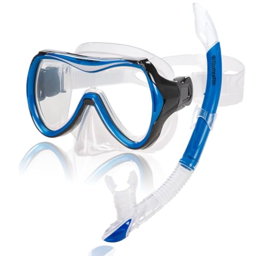 AQUAZON Capri Hochwertiges Schnorchelset, Tauchset, Schwimmset, Schnorchelbrille mit Tempered Glas, Schnorchel mit Semi Dry top für Kinder, Jugendliche Von 7-12 Jahren , Farbe:Blue