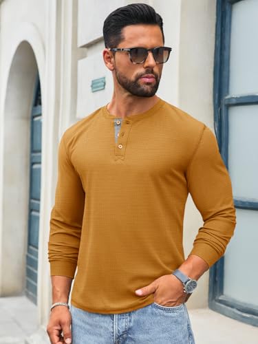 Runcati Mens Henley Long Sleeve Shirts Waffle Button Casual Basic Lightweight Tops2
