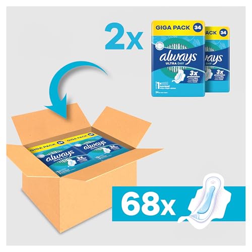 Always Ultra Day Damenbinden Normal (Größe 1) Mit Flügeln 68 Stück, Super Saugfähig Und Ultra Dünn, Für Die Periode