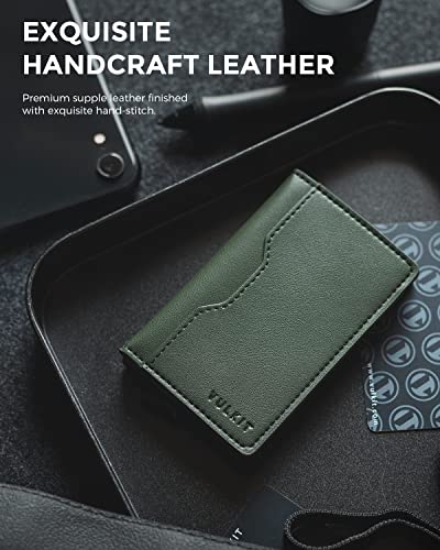 Image of VULKIT Slim Pop up Wallet for Women Minimalist Credit Card Holder with Leather Slots Men's Bifold RFID Blocking Metal Wallets, Olive Green, S, Minimalist