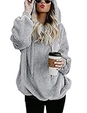 Lomon Damen Hoodie Winter Herbst Casual Kapuzenpullover Teddy-Fleece Plüsch Sweatshirt Warm Flauschig Kapuzenpulli Reißverschluss(Hellgrau,S)