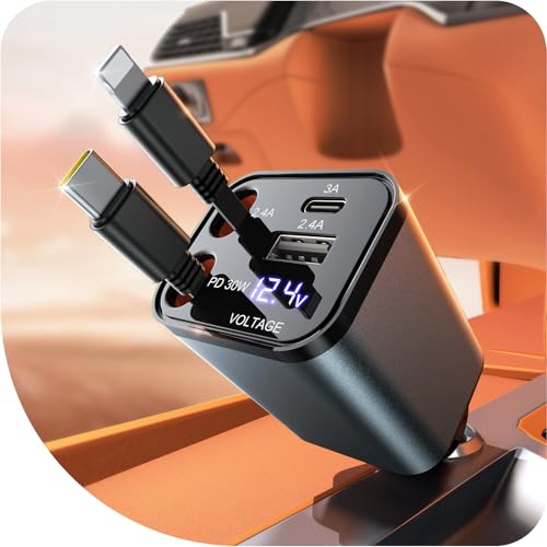 GaoBao Cargador retráctil para Coche de 69W, Adaptador de Carga 4 en 1 con Cables retráctiles y Pantalla de Voltaje, con Puertos USB/USB C, Compatible con iPhone/Android/Samsung Galaxy/Google/iPad