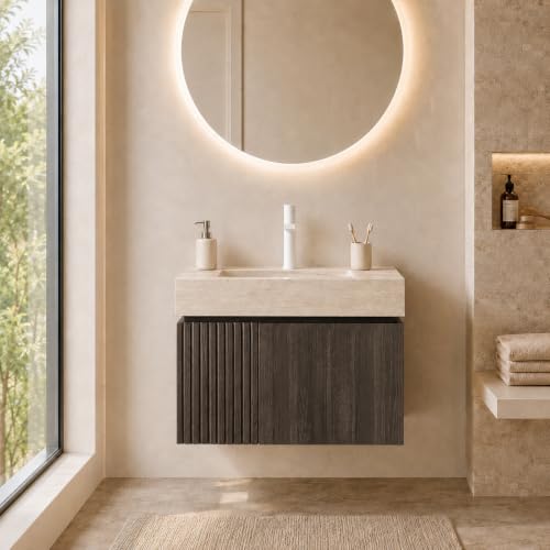VETRAX 24" Wall-Hung Vanity with Sink, Dark Oak, Roma Travertine, 1-Hole