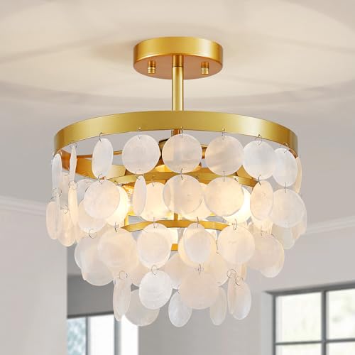ElegLumi Capiz Shell Ceiling Light, Gold Capiz Shell Chandeliers for Dining Room, Living Room, Bedroom, Hallway, D12.6'' × H13.4'', 3 * E12 Sockets, Gold Finish Frame & White Shell