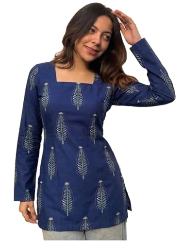 Image of ANNI Designer Women's Viscose Blend Printed Short Kurti | Straight Fit Casual Ethnic Top | Square Neck 3 /4 Sleeve Kurta Office College