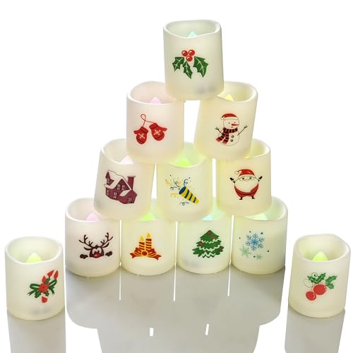 CANDLE CHOICE クリスマスカラーチェンジ電池式 フレームレスボーティブキャンドル 小型 リアルな電気LEDボーティブ クリスマステーマデカール付き クリスマスパーティーデコレーション用 電池12個入り [3]