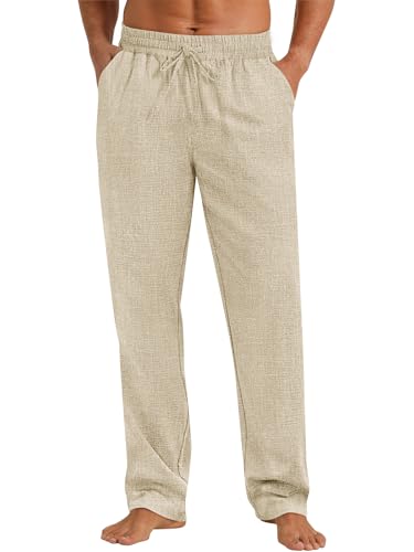 Runcati Mens Casual Pants Drawstring Elastic Waist Lightweight Linen Pants Loose Fit Straight Legs Beach Trousers