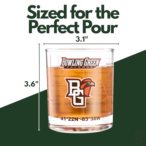 Image of Greenline Goods Bowling Green University Falcons Whiskey Glasses Set of 2, 10 oz Rocks Glasses with Full-Color Logo & Campus Map - Officially Licensed Bourbon Glass Gift for Alumni & Fans