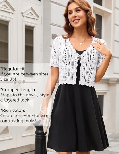 Image of Kate Kasin Women Crochet Shrug Knit Sweater, Short Sleeve Cropped Cardigan | Tie Front Tops Light Weight, Knit Cover Up Arm Bolero For Evening Dresses Dressy Casual, Ladies Eyelet Shawl Thin Formal