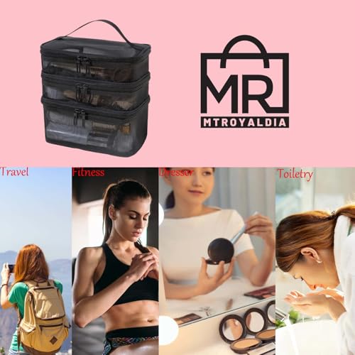 Image of 3 Layer Makeup Pouch Bag,Travel Makeup Organizer Portable Toiletry Case Bag Pouch, Large Mesh Toiletries Double Layer Nylon Brush Zip-up Tool with Handle (Black)
