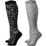 IRAMY Compression Socks for Women Ankle Support Moisture Wicking Knee High Socks 2 Packs,Black+Grey-2 Packs,Medium