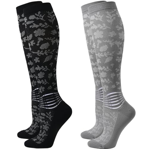 IRAMY Compression Socks for Women Ankle Support Moisture Wicking Knee High Socks 2 Packs,Black+Grey-2 Packs,Medium