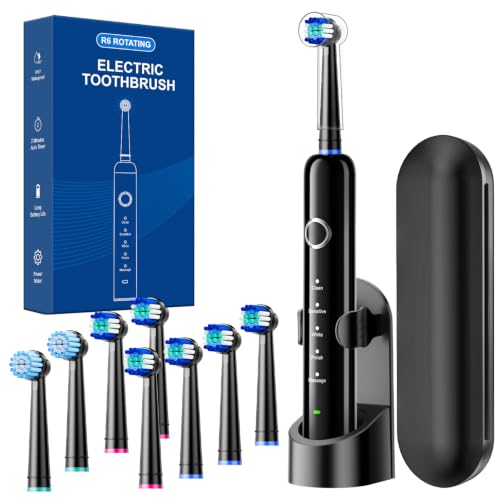 Image of Rtauys Rotating Electric Toothbrush for Adults with 8 Brush Heads (2 Types), 5 Modes Rechargeable Power Toothbrush with Travel Case and 2 Minute Smrte Timer