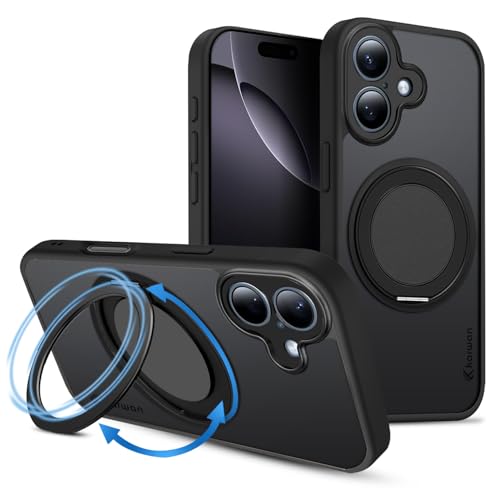 Image of KARWAN Tough Shockproof Armor Back Case Cover Compatible with iPhone 16 with 360 Degree Rotation Magnetic Attraction Ring Holder Heavy Duty Rugged Cover with Magnetic MagEase Wireless Charging (Black)