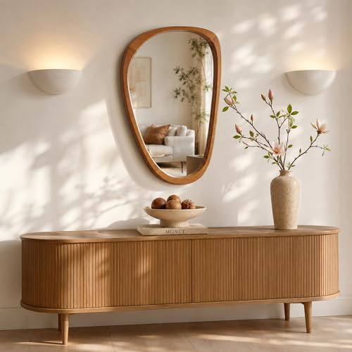 Image of Solid Wood 36x24 Warm Walnut Irregular Bathroom Vanity Wall Mirror | Warm organic tone softens Japandi bathrooms, over-sink vanities, powder rooms, dresser walls, modern organic rooms